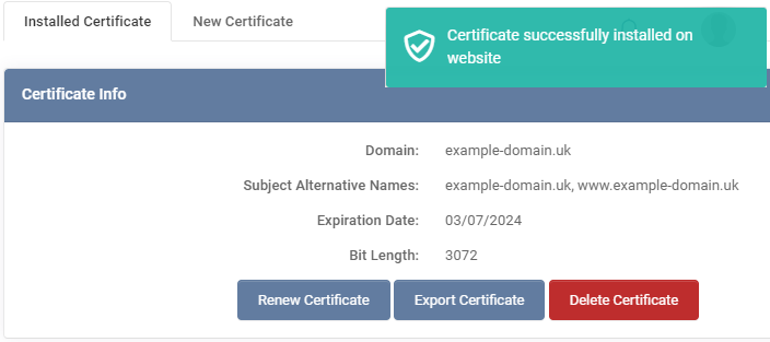 SSL Certificate successfully installed