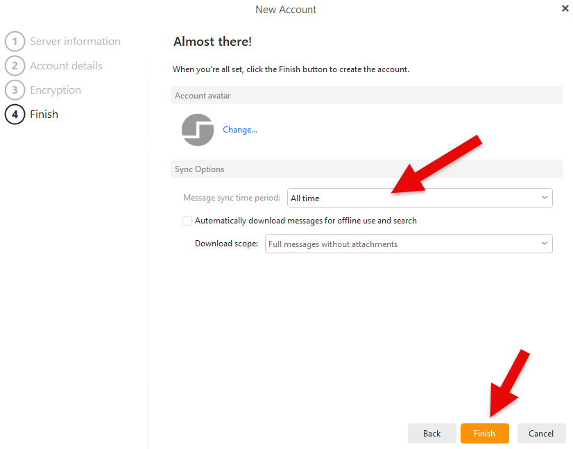 Finish and choose sync options