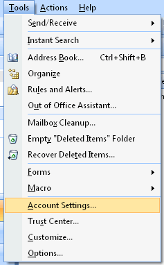 In Microsoft Outlook, from the Toolss menu, select Account Settings...